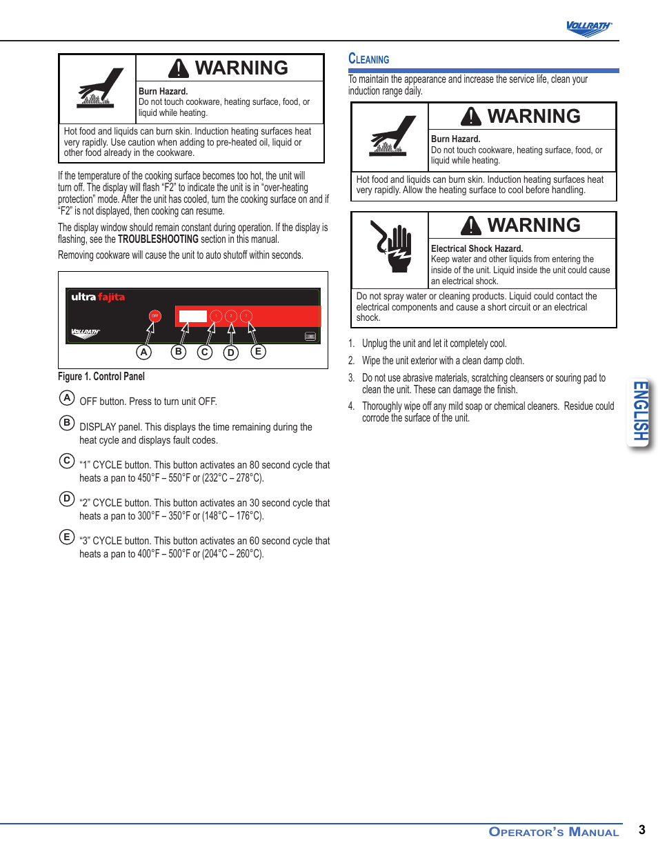 English, Warning | Vollrath Ultra Series 3500 Watt Fajita Heater Induction Ranges User Manual | Page 3 / 5
