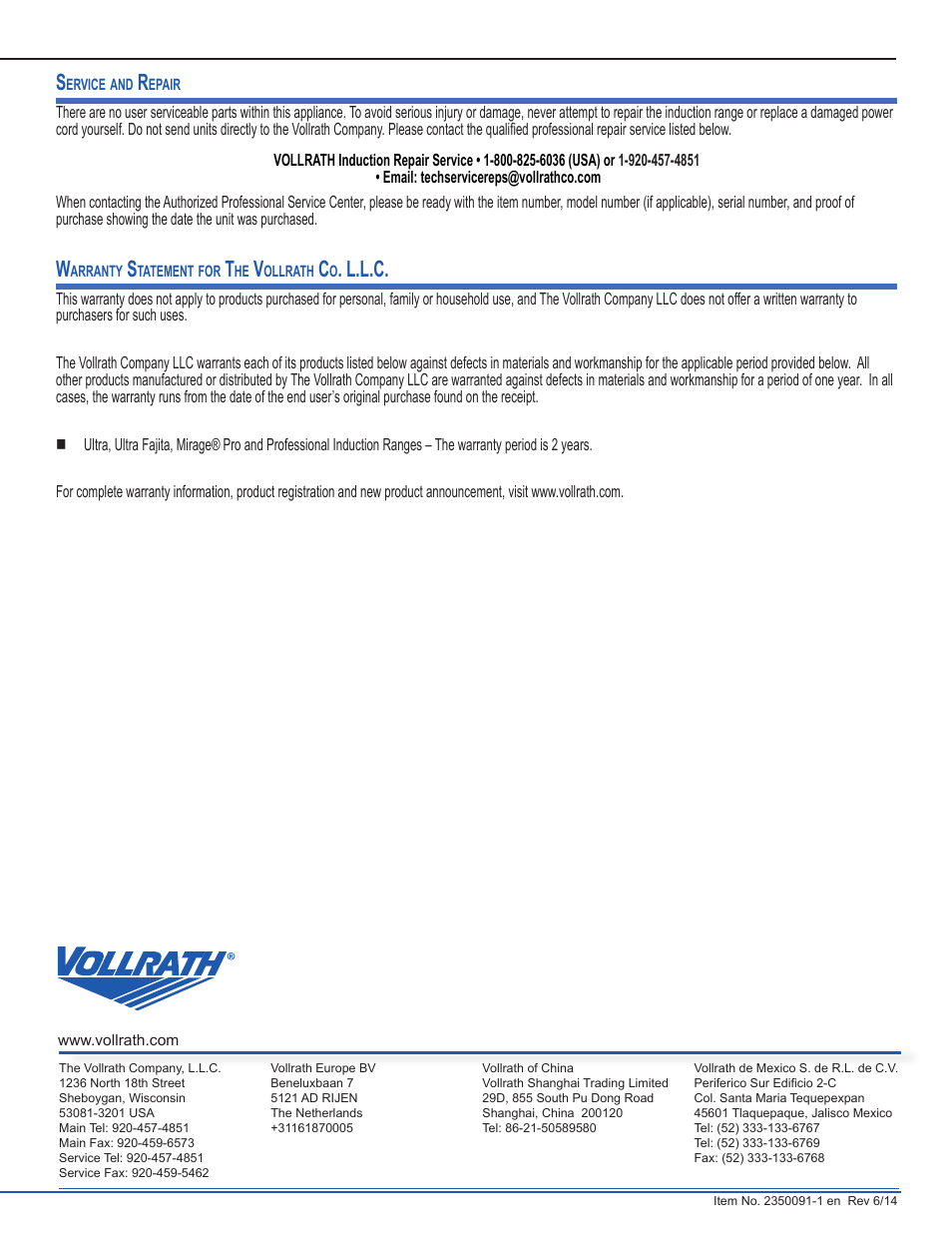 L.l.c | Vollrath Ultra Series 3500 Watt Fajita Heater Induction Ranges User Manual | Page 5 / 5