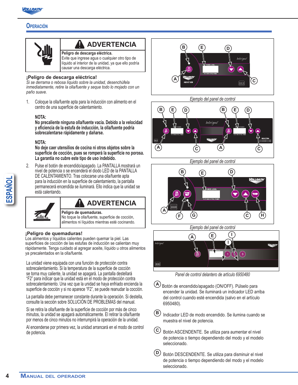 Esp añol, Advertencia | Vollrath Professional Series 1900 Watt Countertop Induction Ranges User Manual | Page 10 / 18