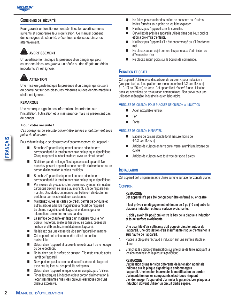Français | Vollrath Professional Series 1900 Watt Countertop Induction Ranges User Manual | Page 14 / 18