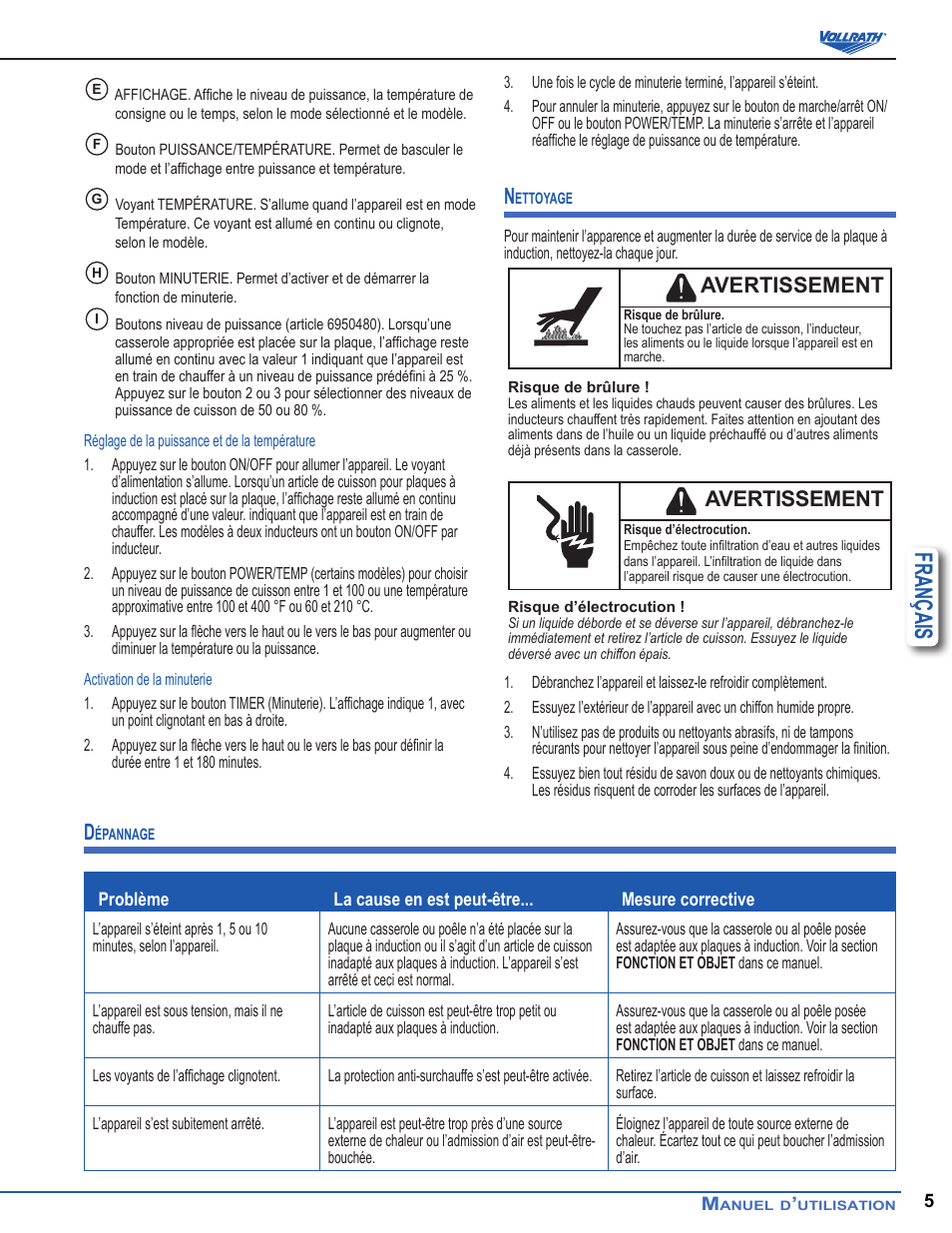 Français, Avertissement | Vollrath Professional Series 1900 Watt Countertop Induction Ranges User Manual | Page 17 / 18