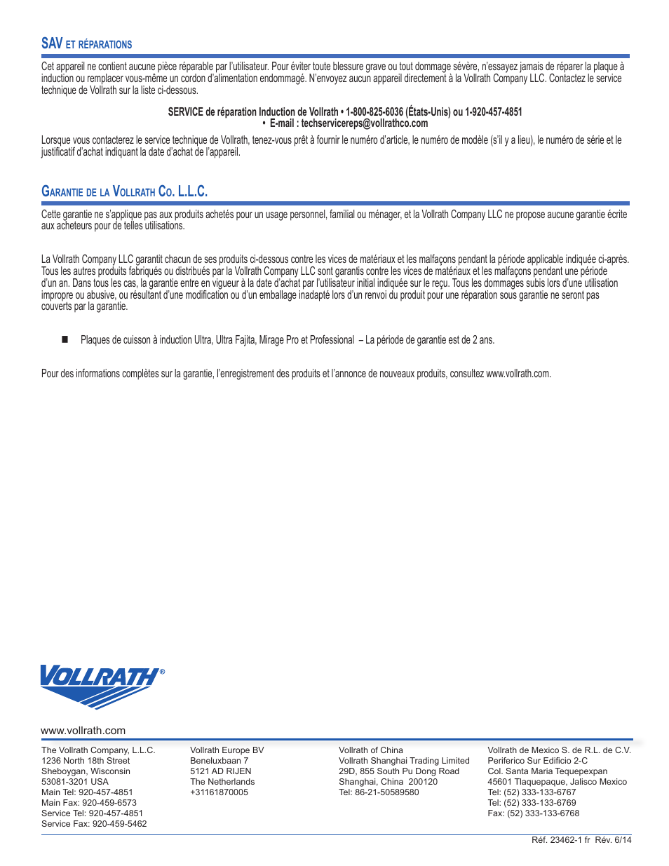 L.l.c | Vollrath Professional Series 1900 Watt Countertop Induction Ranges User Manual | Page 18 / 18