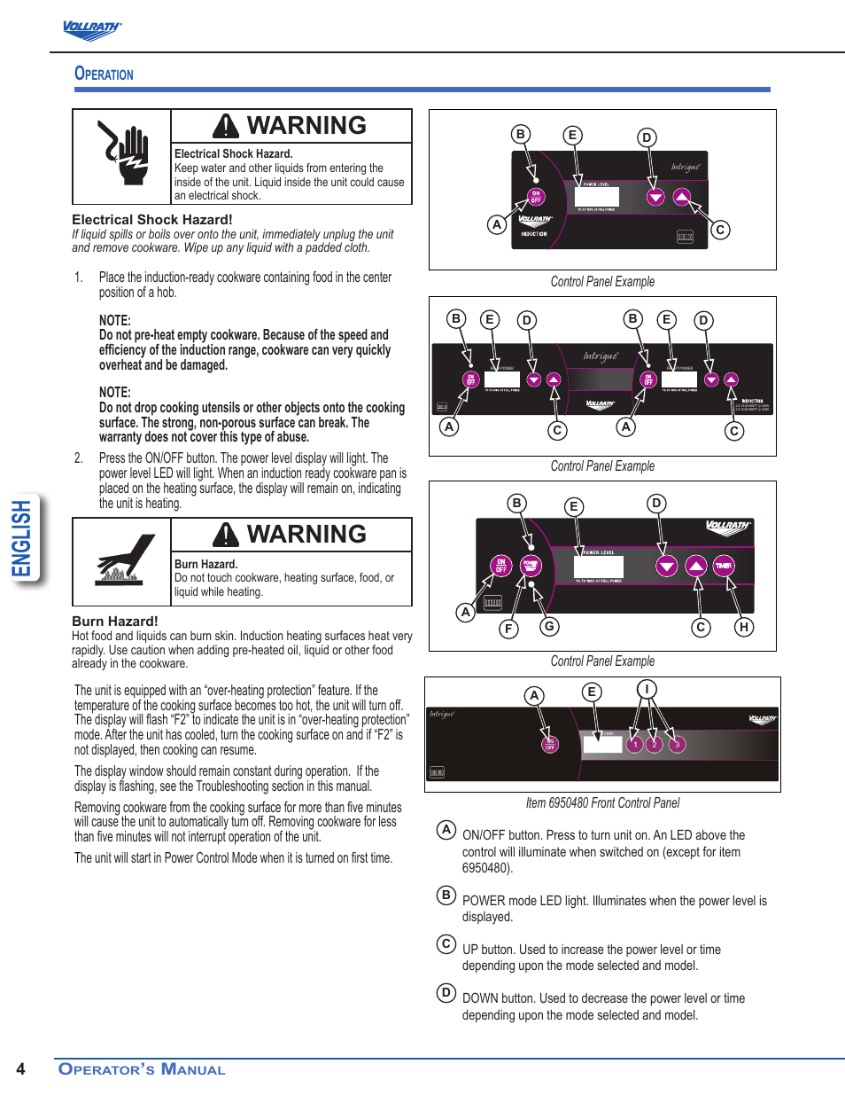 English warning, Warning | Vollrath Professional Series 1900 Watt Countertop Induction Ranges User Manual | Page 4 / 18