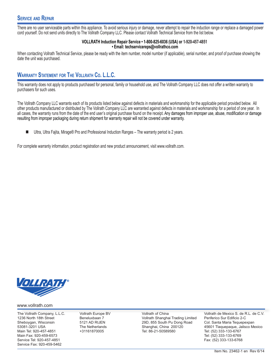 L.l.c | Vollrath Professional Series 1900 Watt Countertop Induction Ranges User Manual | Page 6 / 18