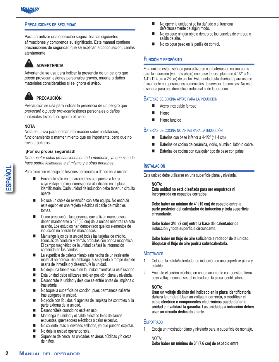 Esp añol | Vollrath Professional Series 1900 Watt Countertop Induction Ranges User Manual | Page 8 / 18