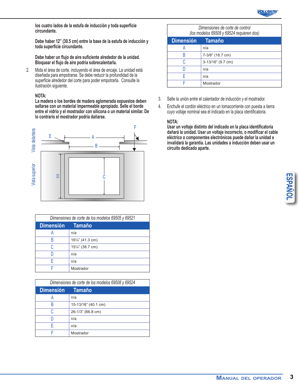 Esp añol | Vollrath Professional Series 1900 Watt Countertop Induction Ranges User Manual | Page 9 / 18