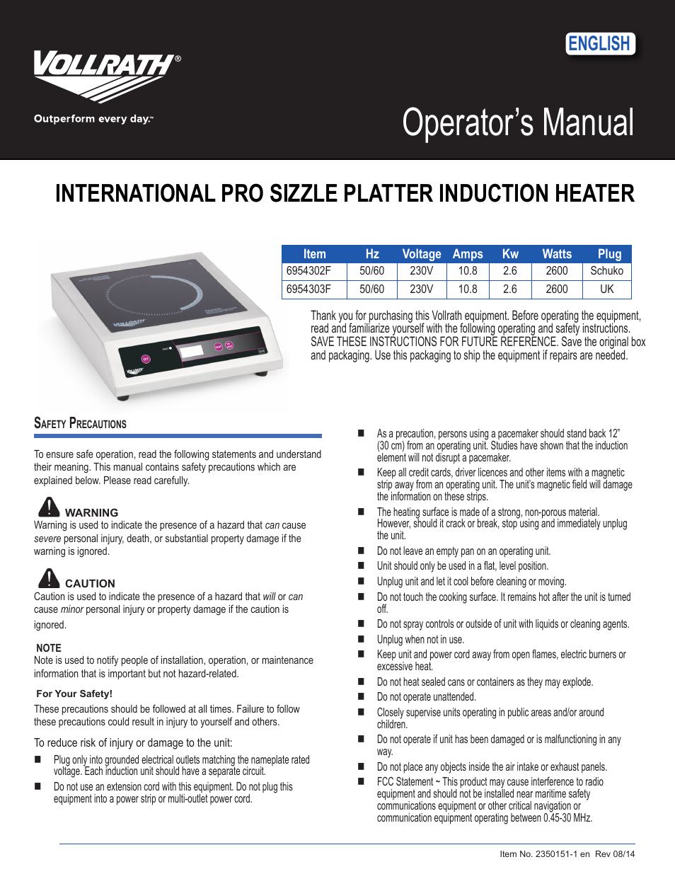 Vollrath Professional Series 2600 Watt Sizzle Platter Induction Heaters User Manual | 4 pages