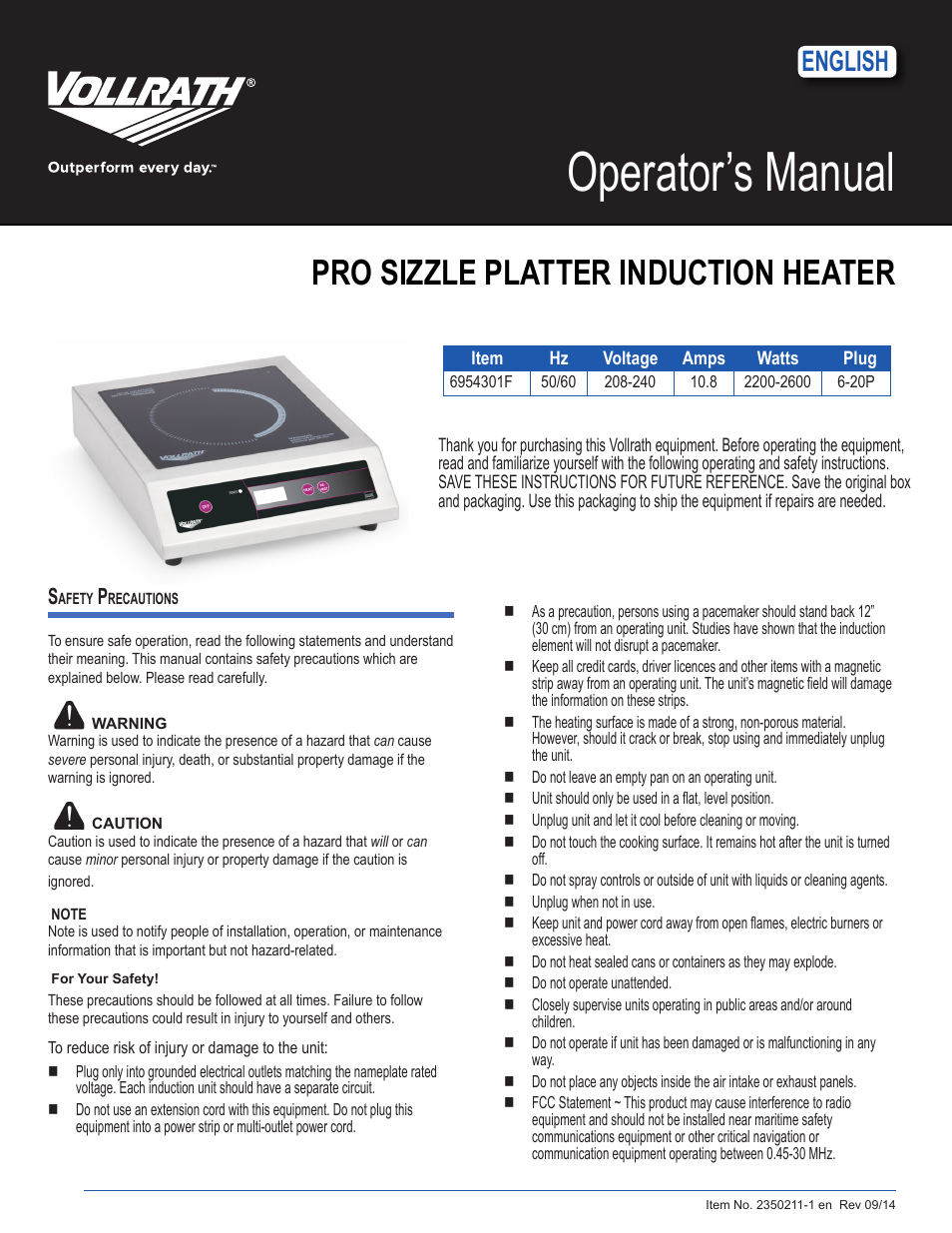 Vollrath Professional Series 2200 - 2600 Watt Sizzle Platter Induction Heaters User Manual | 4 pages