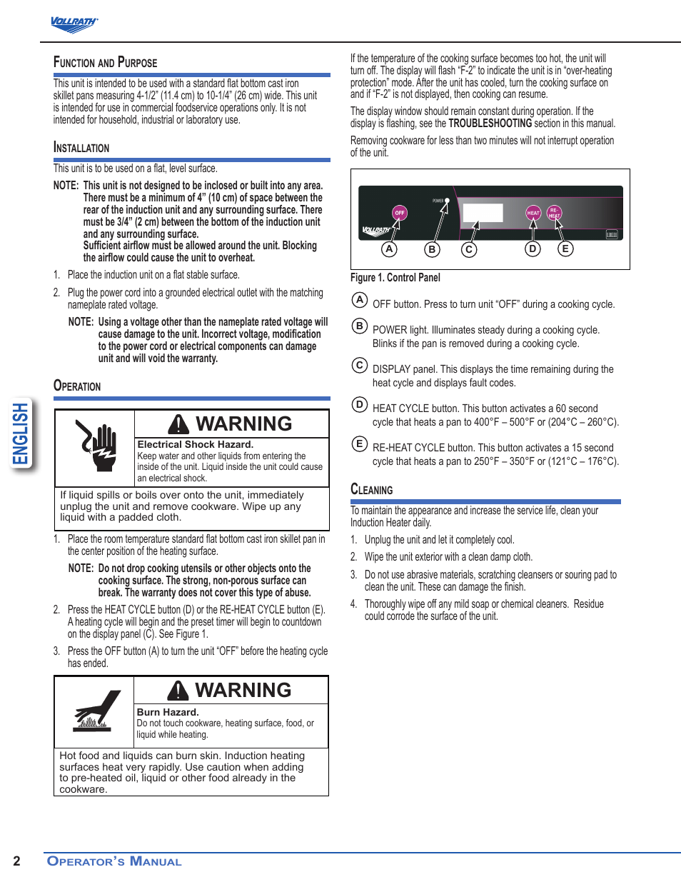 English, Warning | Vollrath Professional Series 2200 - 2600 Watt Sizzle Platter Induction Heaters User Manual | Page 2 / 4