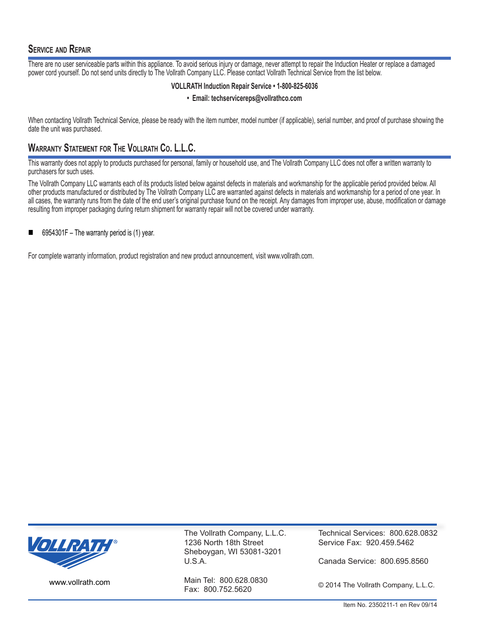 L.l.c | Vollrath Professional Series 2200 - 2600 Watt Sizzle Platter Induction Heaters User Manual | Page 4 / 4