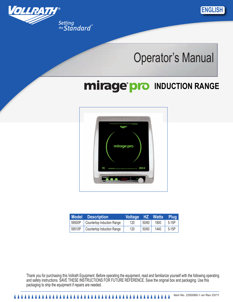 Vollrath Mirage Pro 1800 Watt G4 Countertop Induction Ranges User Manual | 8 pages