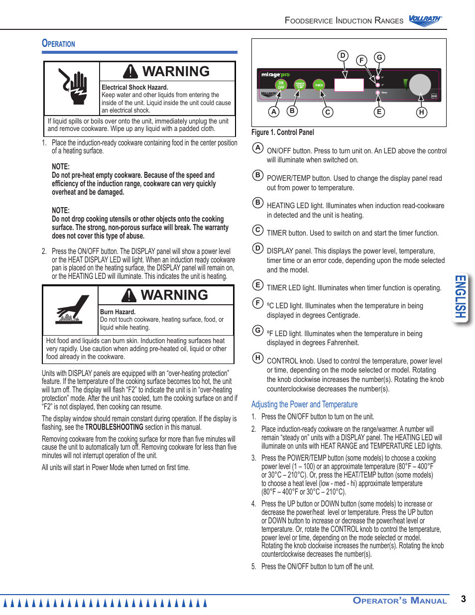 English, Warning | Vollrath Mirage Pro 1800 Watt G4 Countertop Induction Ranges User Manual | Page 3 / 8