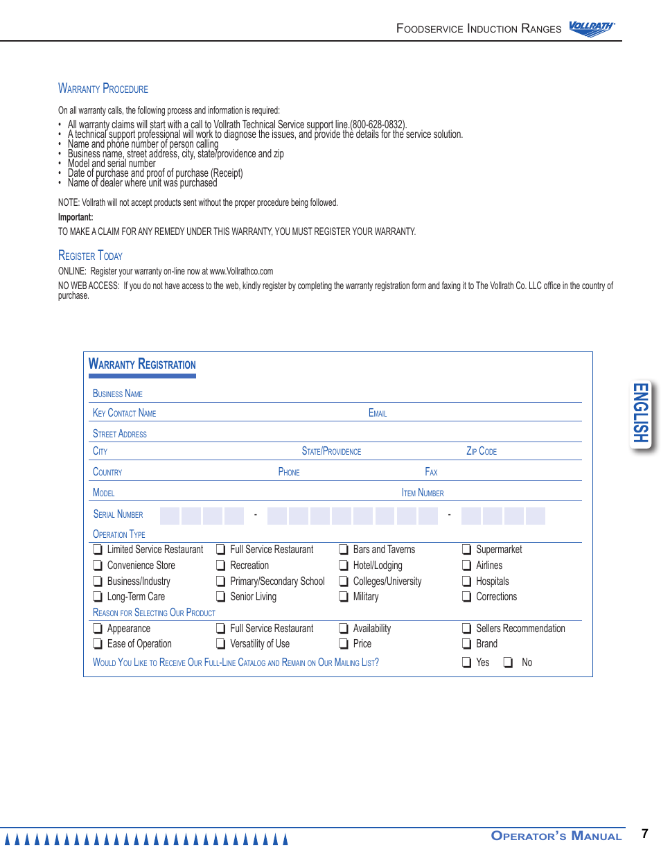 English | Vollrath Mirage Pro 1800 Watt G4 Countertop Induction Ranges User Manual | Page 7 / 8