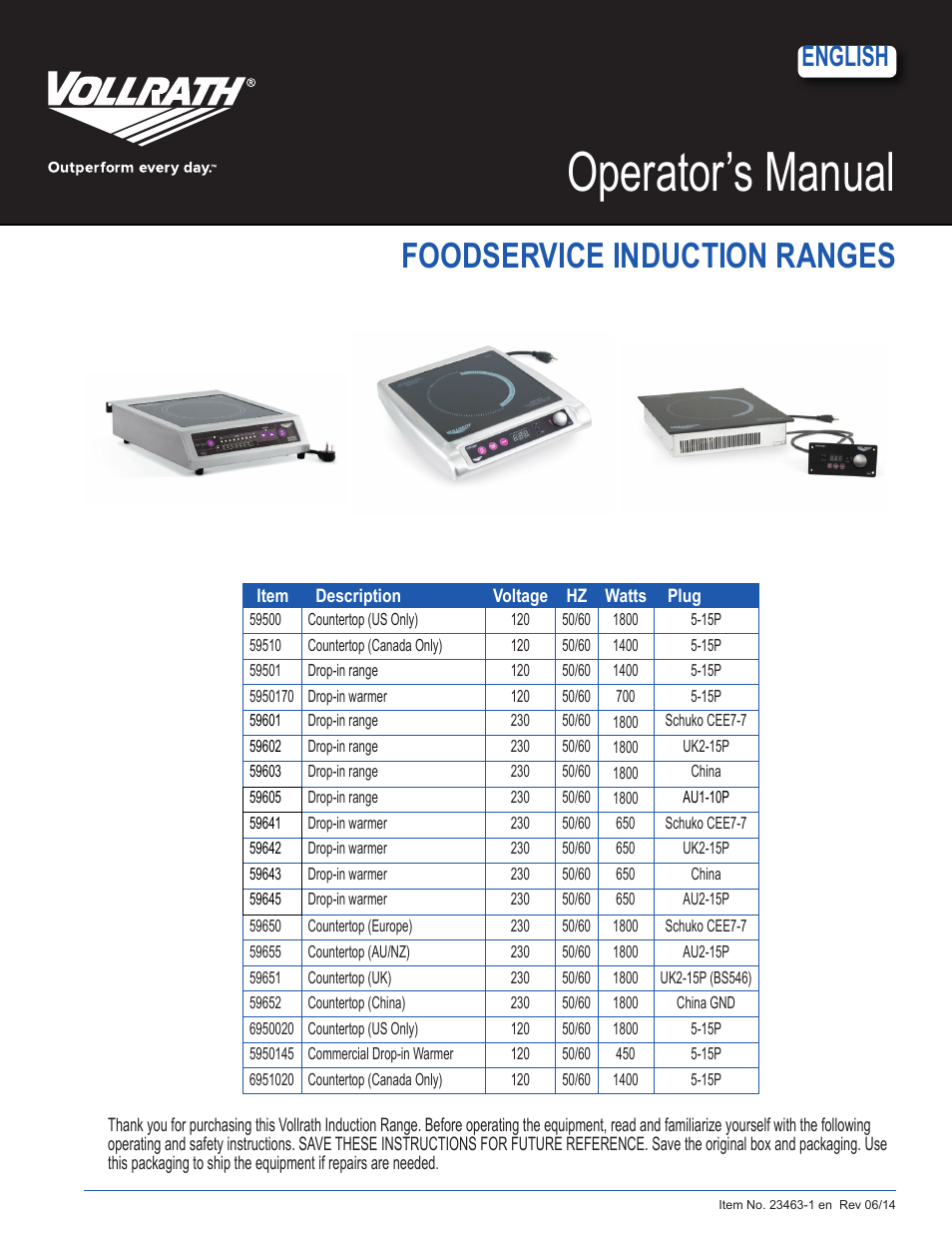 Vollrath Mirage Standard 1800 Watt Countertop Induction Ranges User Manual | 6 pages