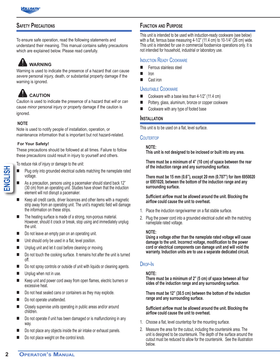 English | Vollrath Mirage Standard 1800 Watt Countertop Induction Ranges User Manual | Page 2 / 6
