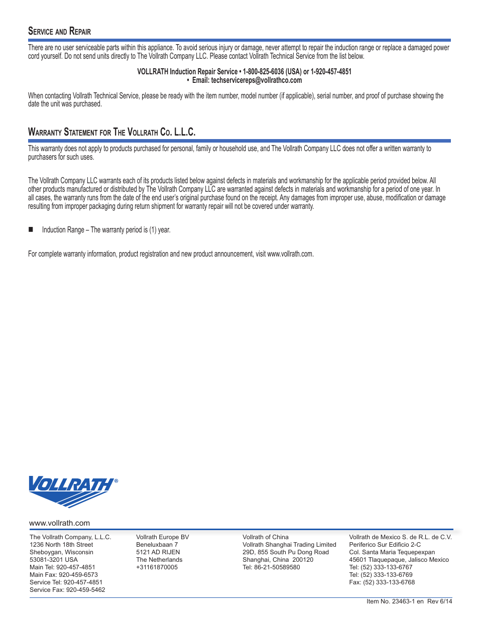 L.l.c | Vollrath Mirage Standard 1800 Watt Countertop Induction Ranges User Manual | Page 6 / 6