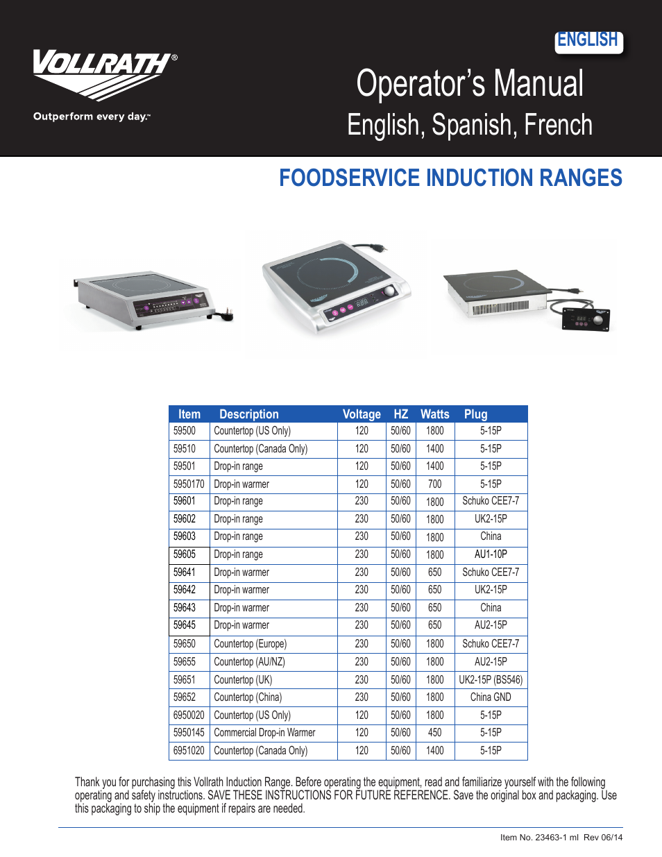 Vollrath Mirage Standard 450 Watt Drop-In Induction Warmer Ranges User Manual | 18 pages