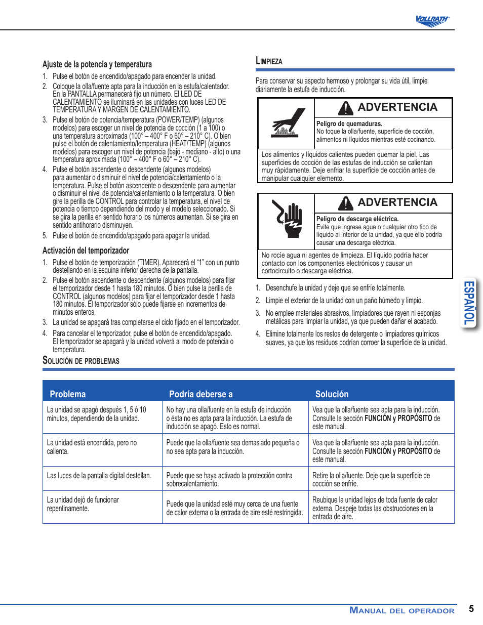 Esp añol, Advertencia | Vollrath Mirage Standard 450 Watt Drop-In Induction Warmer Ranges User Manual | Page 11 / 18