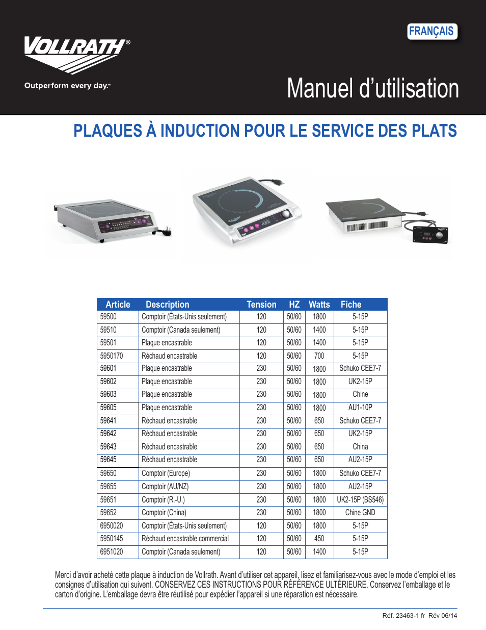 Manuel d’utilisation, Plaques à induction pour le service des plats, Français | Vollrath Mirage Standard 450 Watt Drop-In Induction Warmer Ranges User Manual | Page 13 / 18