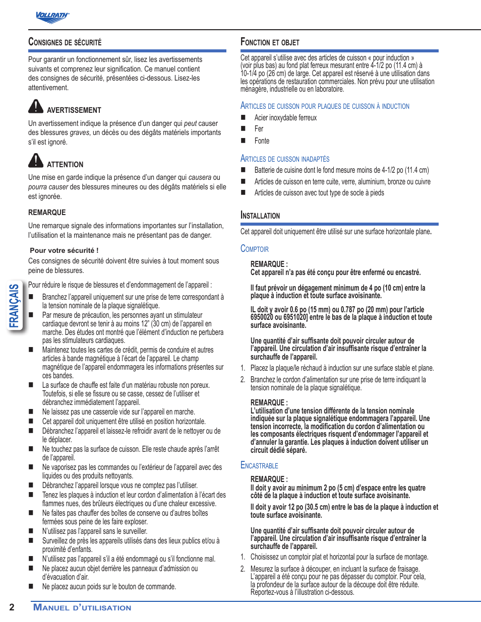 Français | Vollrath Mirage Standard 450 Watt Drop-In Induction Warmer Ranges User Manual | Page 14 / 18