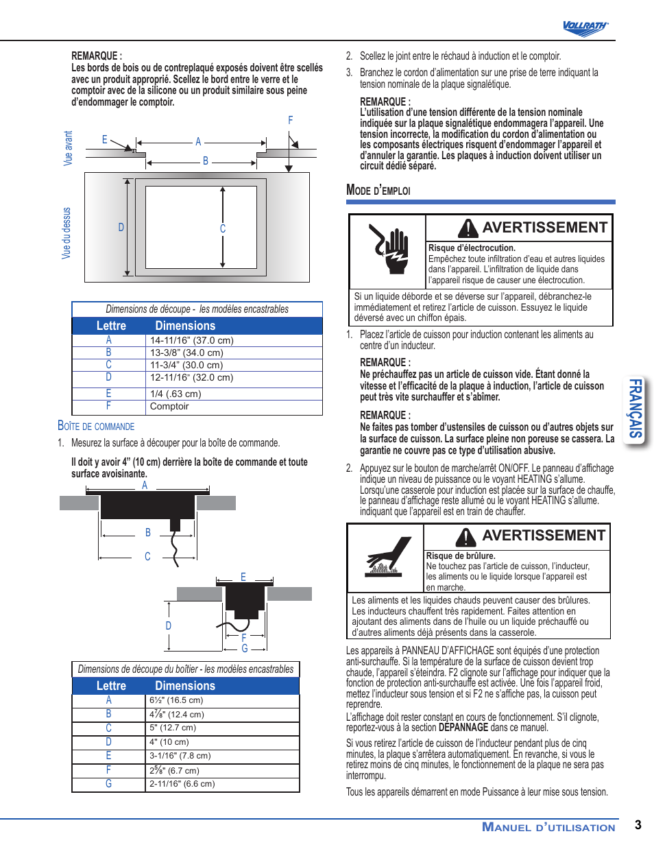 Français, Avertissement | Vollrath Mirage Standard 450 Watt Drop-In Induction Warmer Ranges User Manual | Page 15 / 18