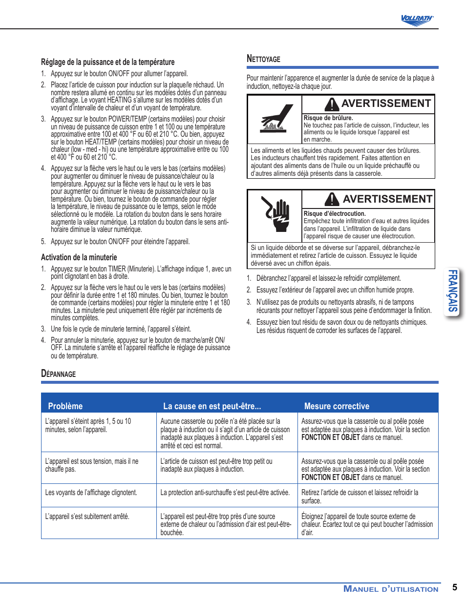 Français, Avertissement | Vollrath Mirage Standard 450 Watt Drop-In Induction Warmer Ranges User Manual | Page 17 / 18