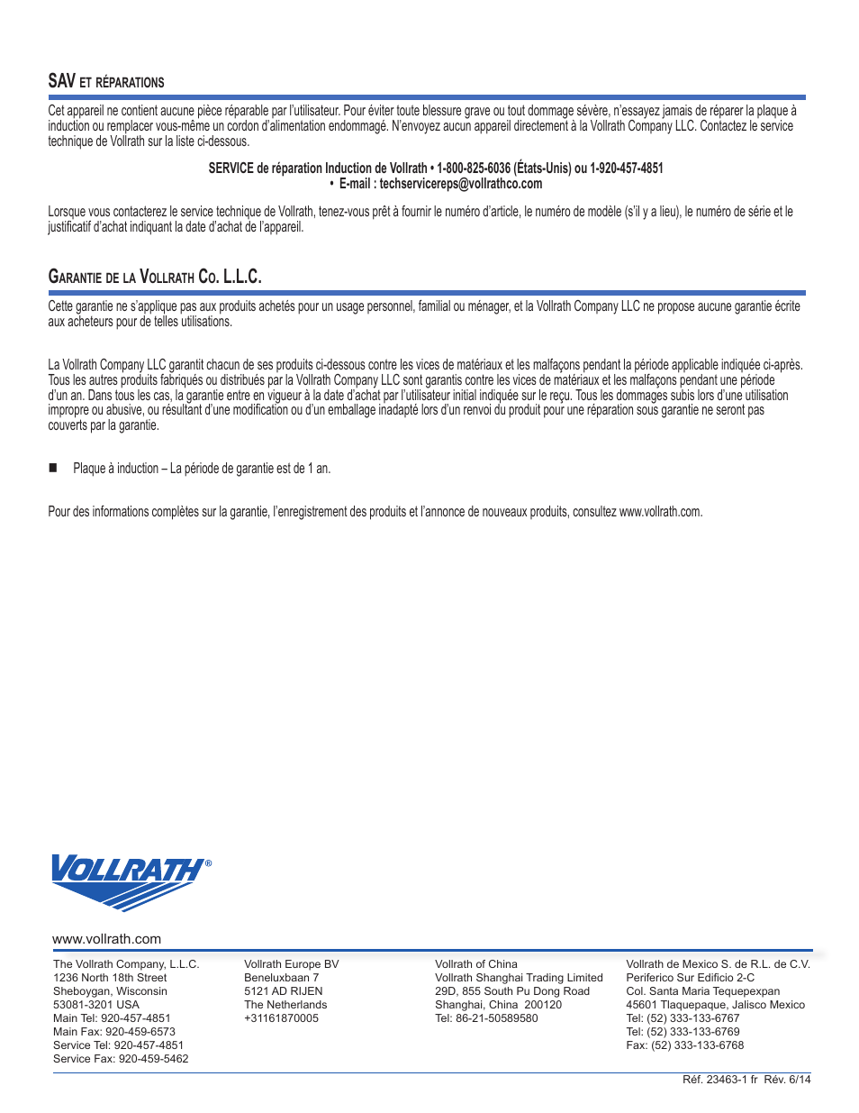 L.l.c | Vollrath Mirage Standard 450 Watt Drop-In Induction Warmer Ranges User Manual | Page 18 / 18