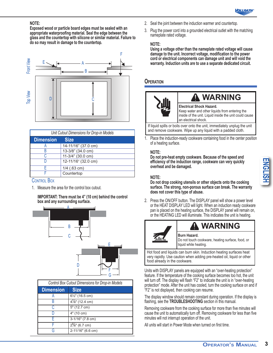 English, Warning | Vollrath Mirage Standard 450 Watt Drop-In Induction Warmer Ranges User Manual | Page 3 / 18