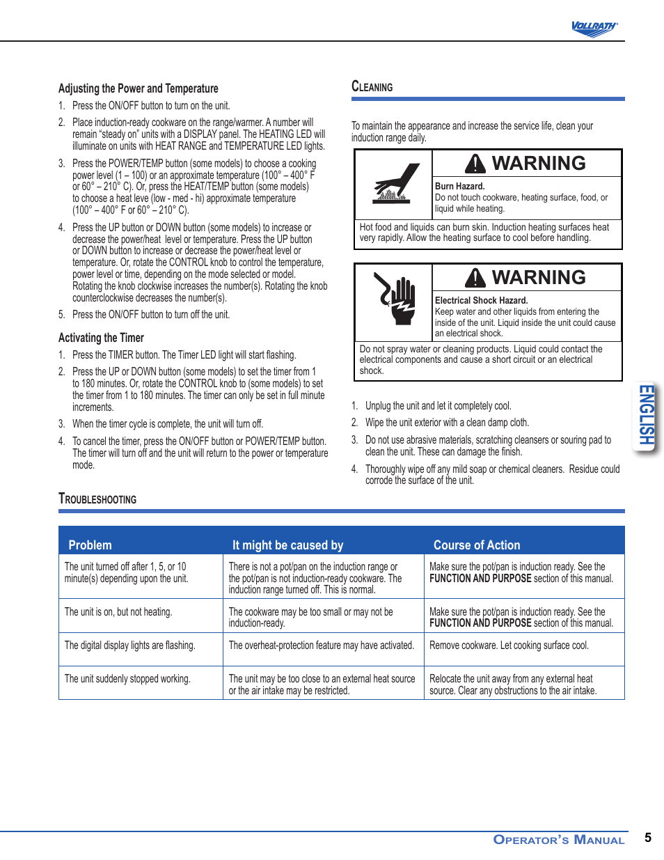 English, Warning | Vollrath Mirage Standard 450 Watt Drop-In Induction Warmer Ranges User Manual | Page 5 / 18