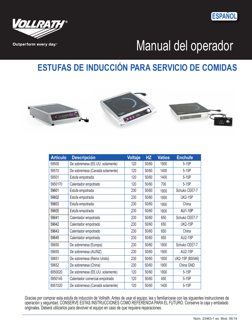 Manual del operador, Estufas de inducción para servicio de comidas, Español | Vollrath Mirage Standard 450 Watt Drop-In Induction Warmer Ranges User Manual | Page 7 / 18