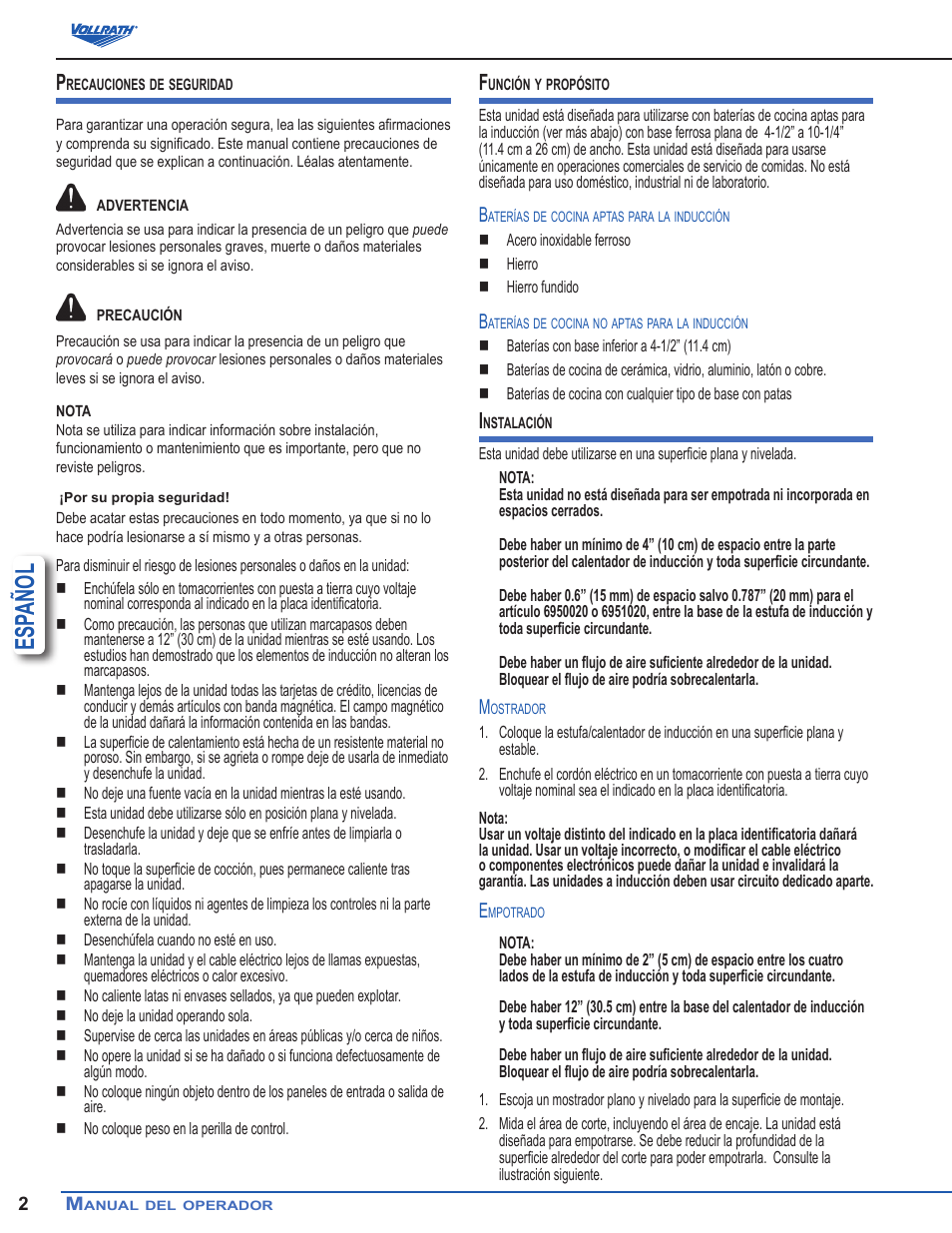 Esp añol | Vollrath Mirage Standard 450 Watt Drop-In Induction Warmer Ranges User Manual | Page 8 / 18