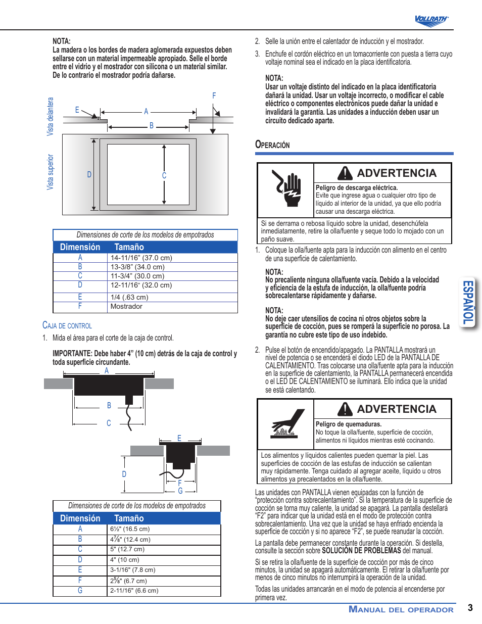 Esp añol, Advertencia | Vollrath Mirage Standard 450 Watt Drop-In Induction Warmer Ranges User Manual | Page 9 / 18