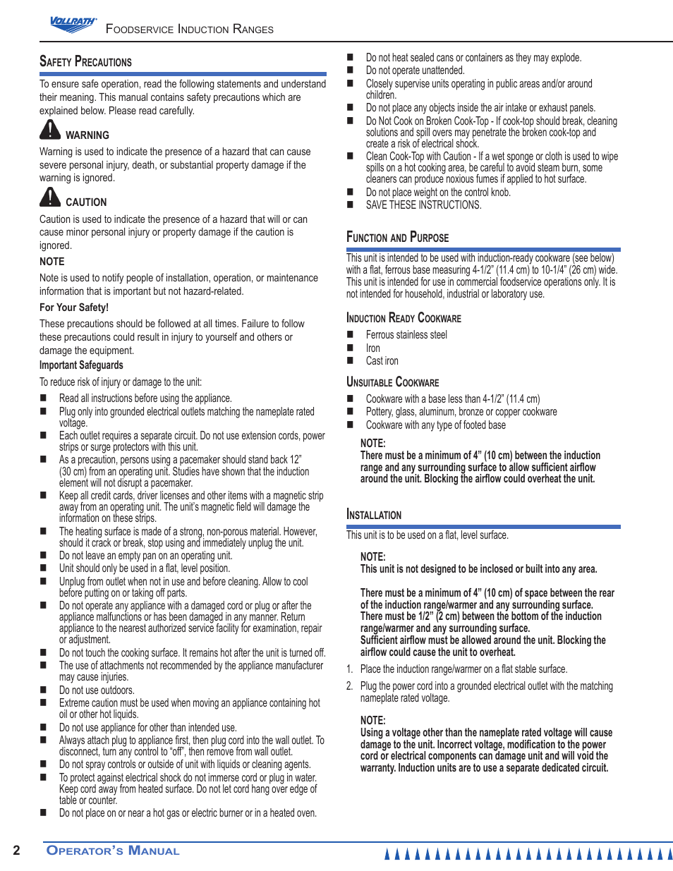 Vollrath Mirage Cadet G1 1800 Watt Countertop Induction Ranges User Manual | Page 2 / 8