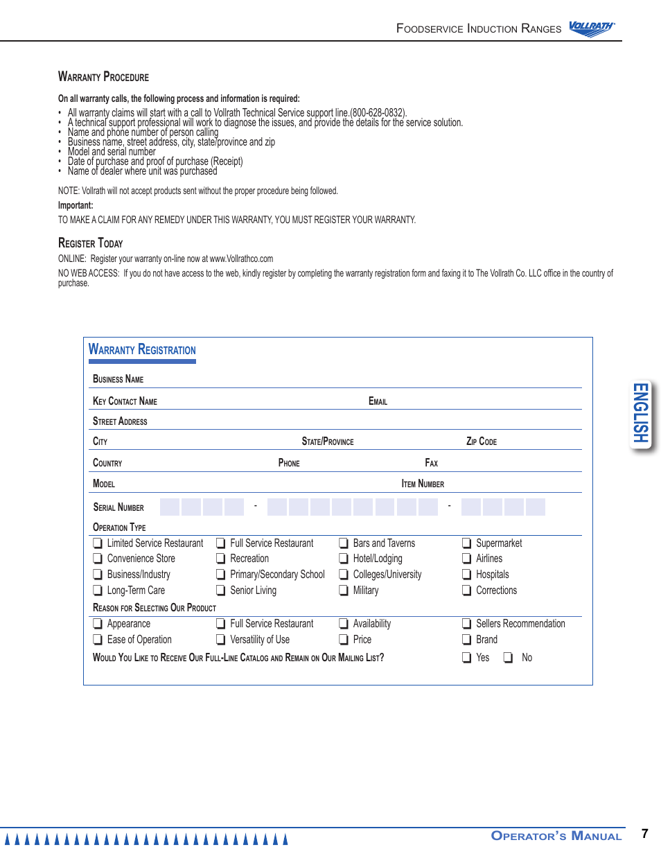 English | Vollrath Mirage Cadet G1 1800 Watt Countertop Induction Ranges User Manual | Page 7 / 8