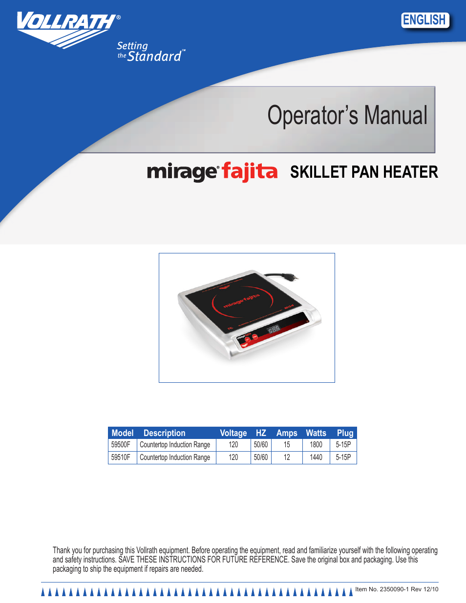Vollrath Mirage 1800 Watt Fajita Heater Induction Ranges User Manual | 8 pages