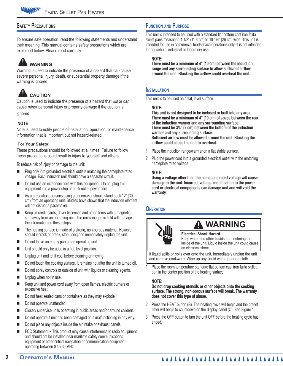 Warning | Vollrath Mirage 1800 Watt Fajita Heater Induction Ranges User Manual | Page 2 / 8