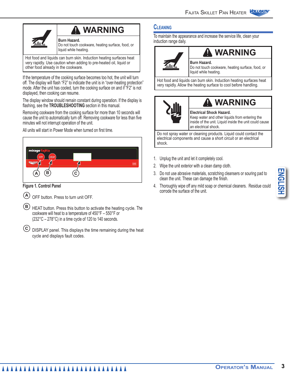 English, Warning | Vollrath Mirage 1800 Watt Fajita Heater Induction Ranges User Manual | Page 3 / 8