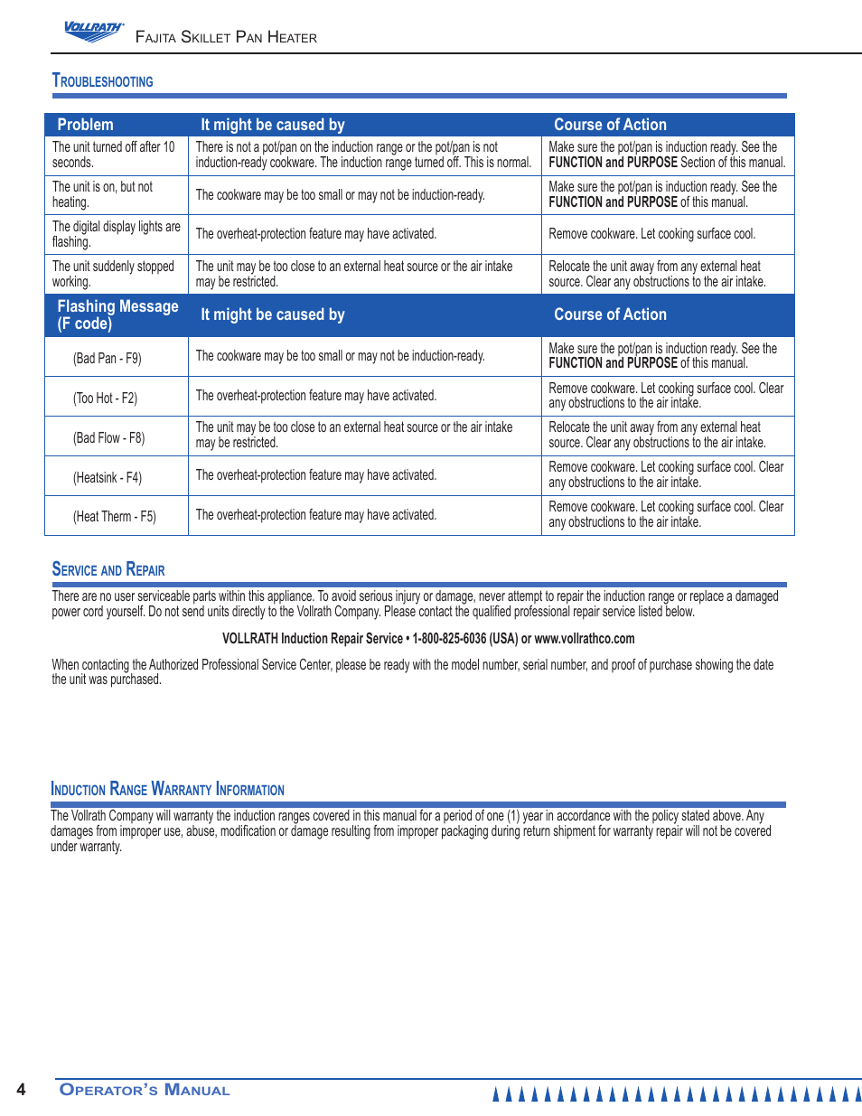 Vollrath Mirage 1800 Watt Fajita Heater Induction Ranges User Manual | Page 4 / 8