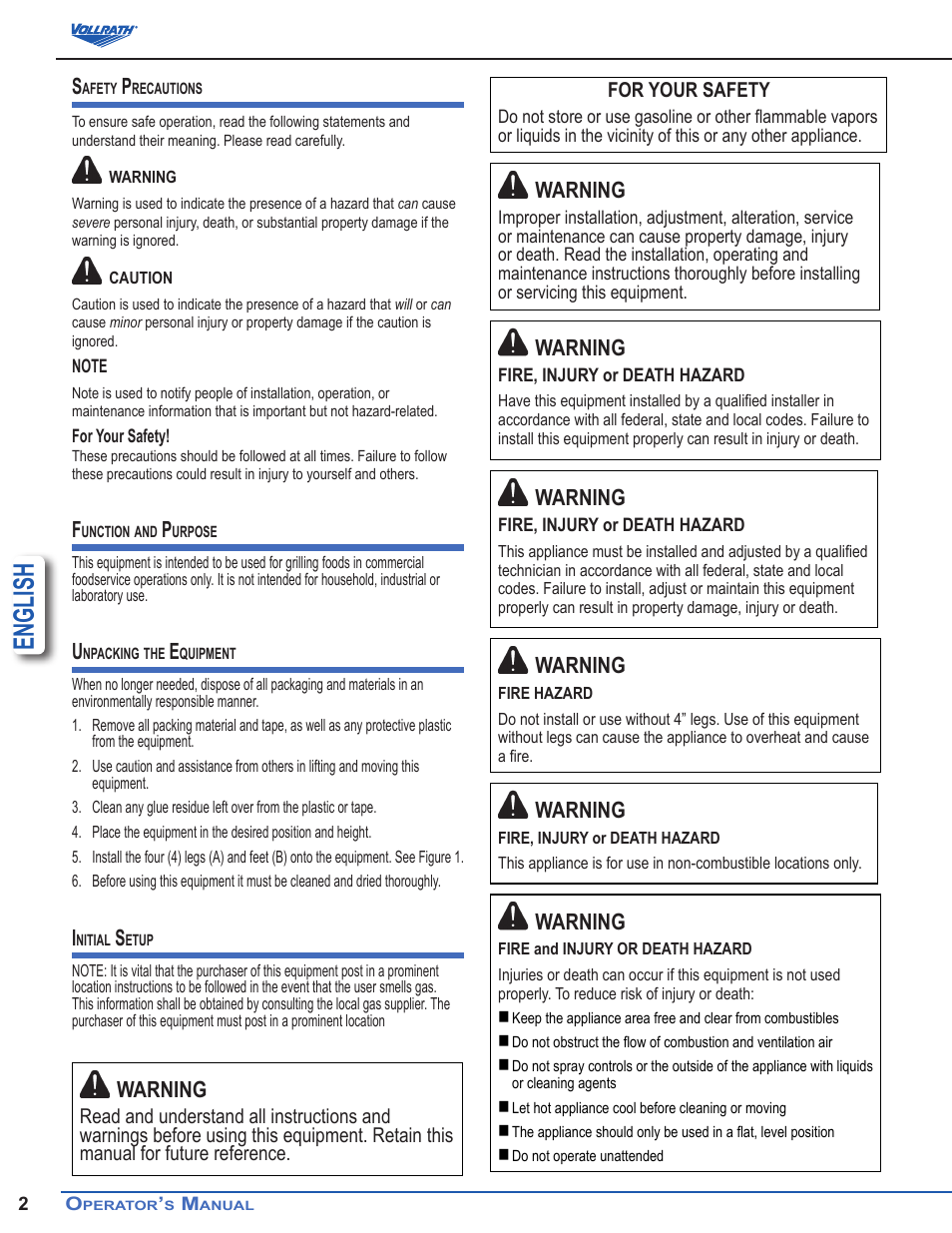 English, Warning | Vollrath Cayenne Heavy-Duty Charbroilers User Manual | Page 2 / 7