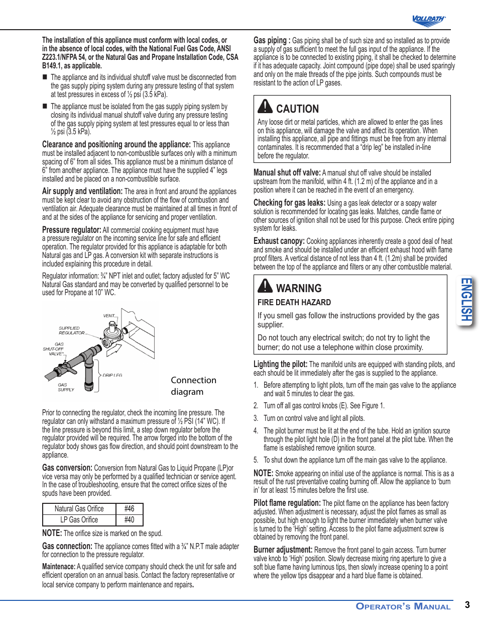 English, Caution, Warning | Vollrath Cayenne Heavy-Duty Charbroilers User Manual | Page 3 / 7