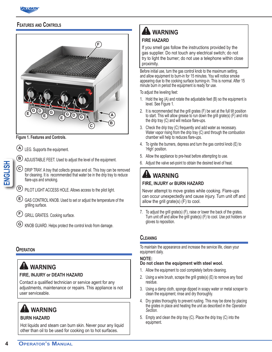 English, Warning | Vollrath Cayenne Heavy-Duty Charbroilers User Manual | Page 4 / 7
