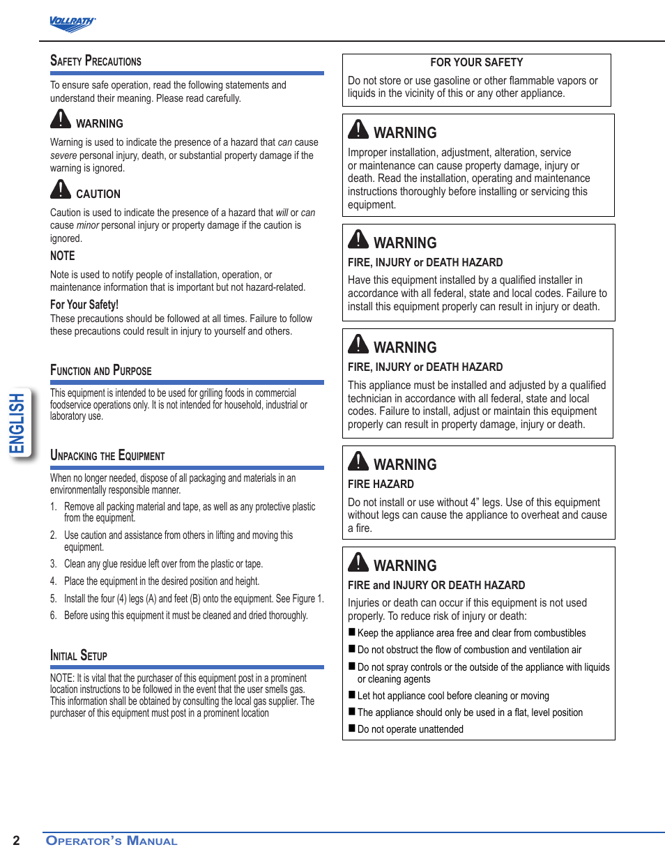 English, Warning | Vollrath Cayenne Medium Duty Charbroilers User Manual | Page 2 / 5