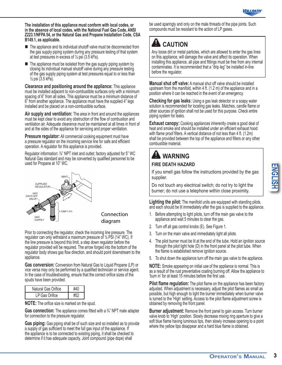 English, Caution, Warning | Vollrath Cayenne Medium Duty Charbroilers User Manual | Page 3 / 5