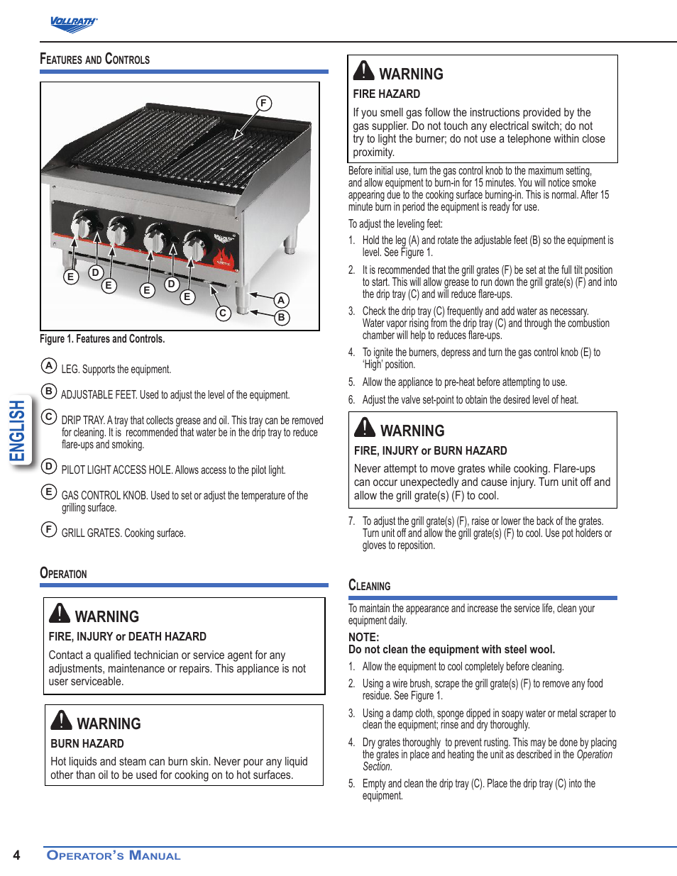 English, Warning | Vollrath Cayenne Medium Duty Charbroilers User Manual | Page 4 / 5