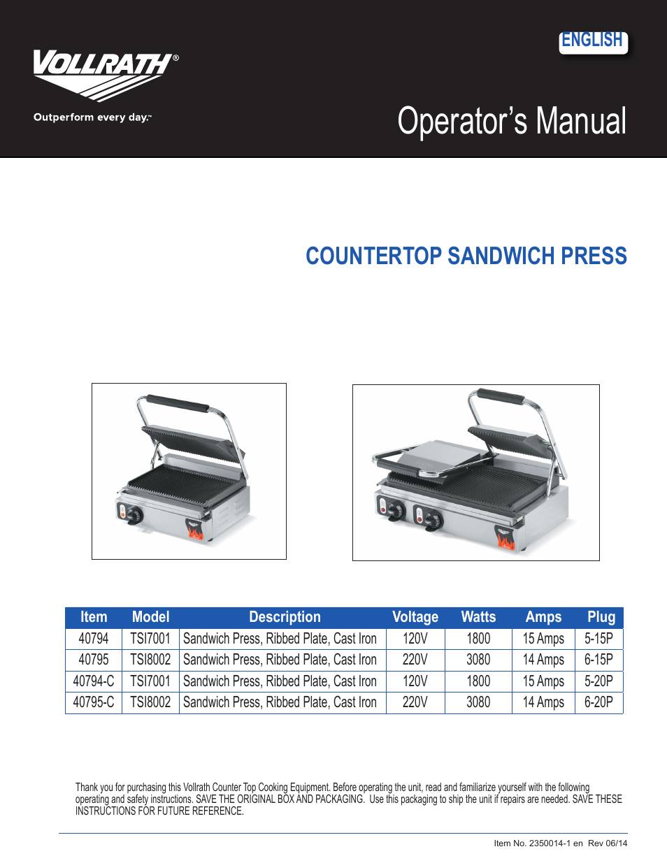 Vollrath Cayenne Cast Iron Plate Sandwich Presses, Panini Style User Manual | 10 pages