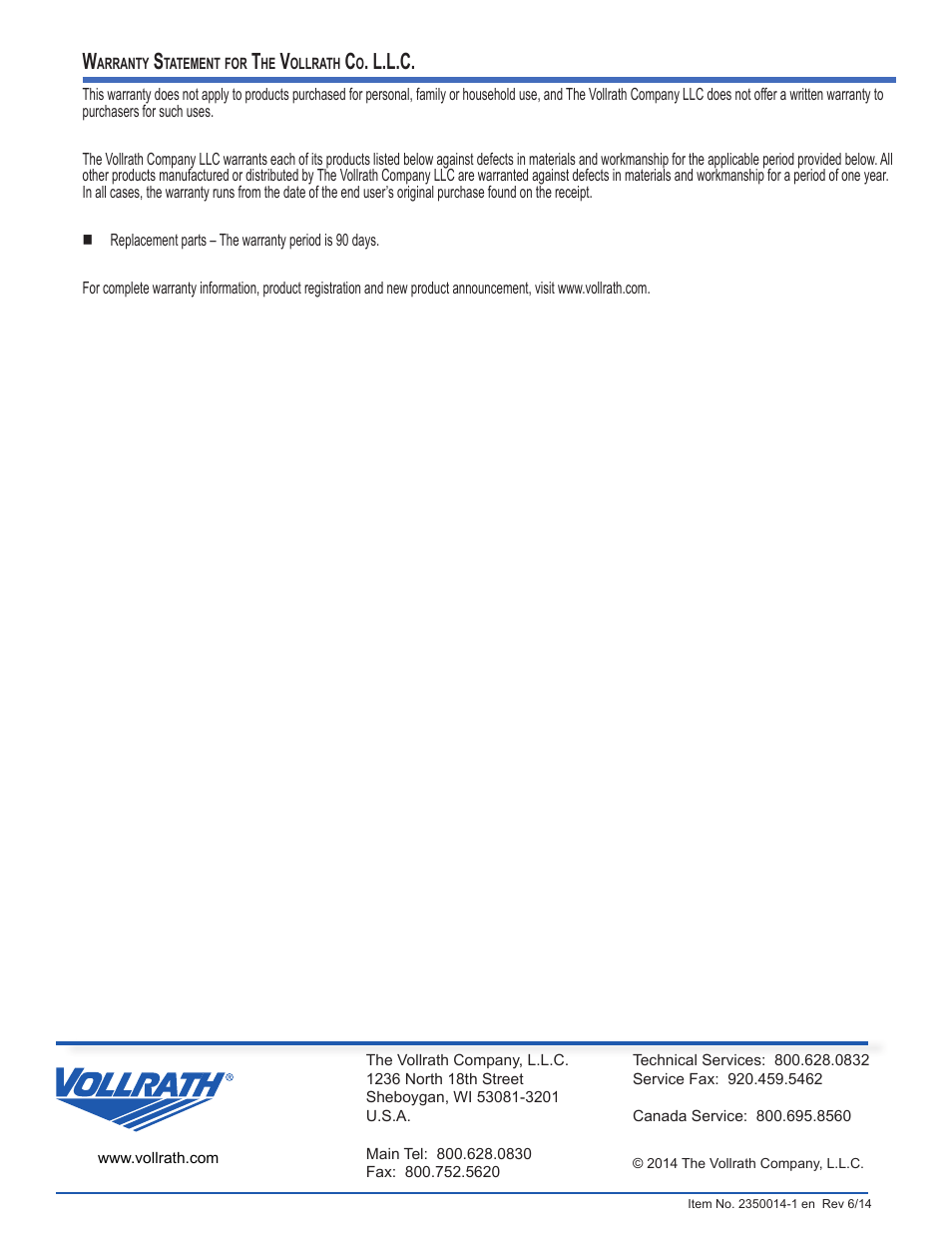 L.l.c | Vollrath Cayenne Cast Iron Plate Sandwich Presses, Panini Style User Manual | Page 10 / 10