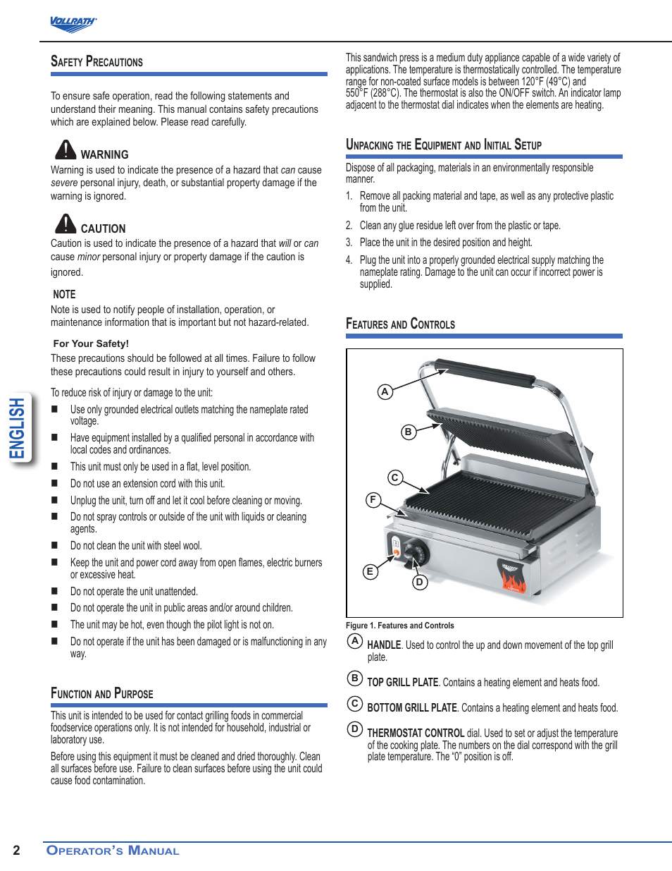 English | Vollrath Cayenne Cast Iron Plate Sandwich Presses, Panini Style User Manual | Page 2 / 10