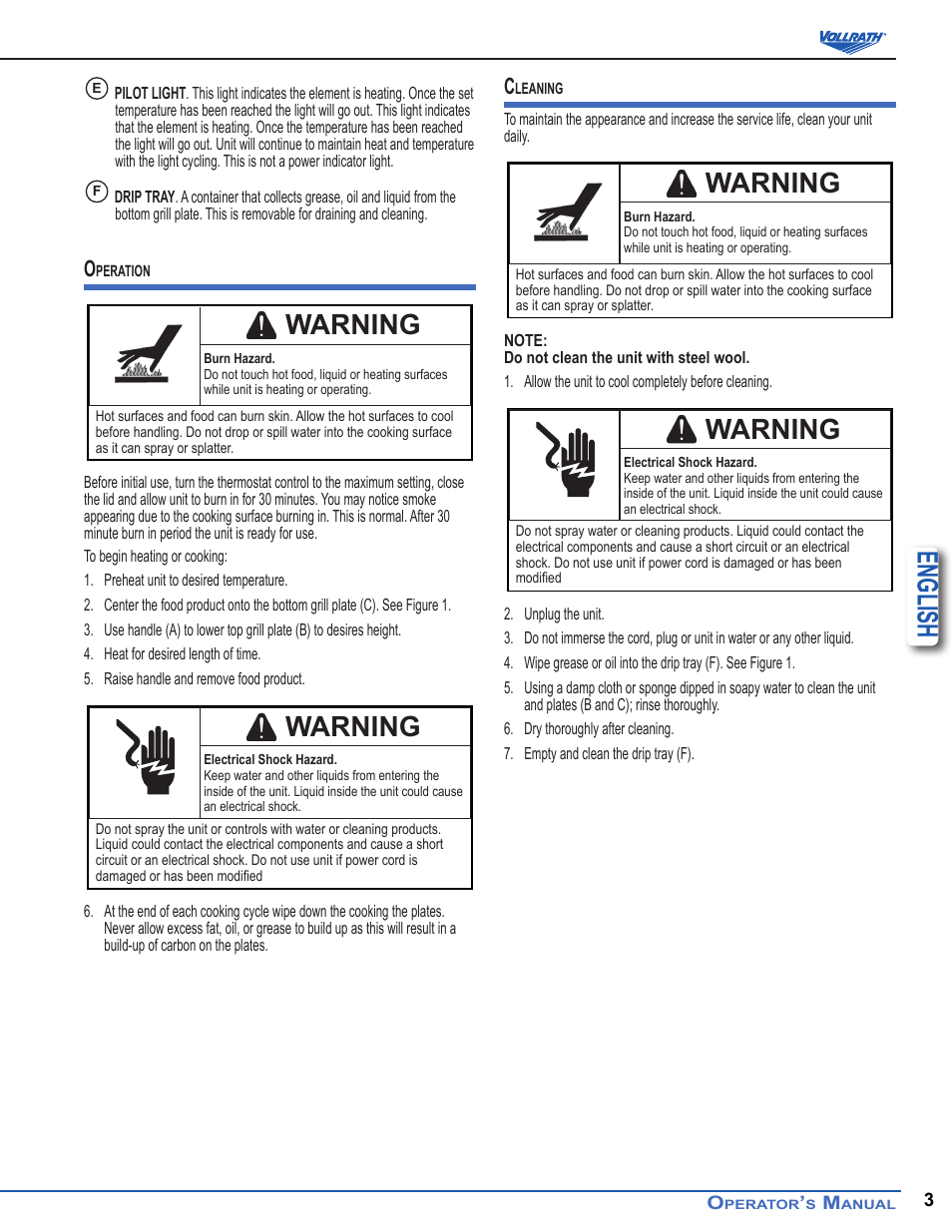 English, Warning | Vollrath Cayenne Cast Iron Plate Sandwich Presses, Panini Style User Manual | Page 3 / 10