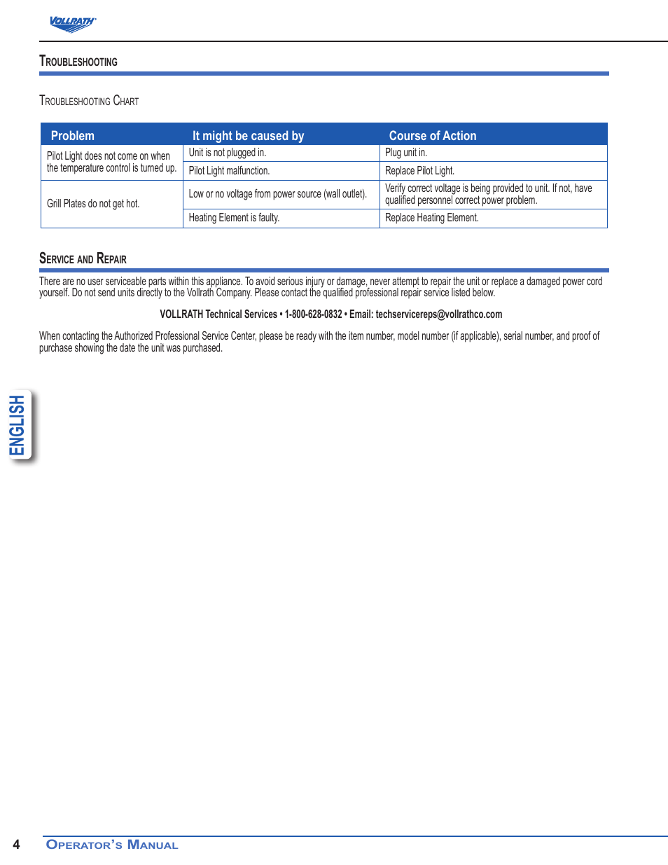 English | Vollrath Cayenne Cast Iron Plate Sandwich Presses, Panini Style User Manual | Page 4 / 10