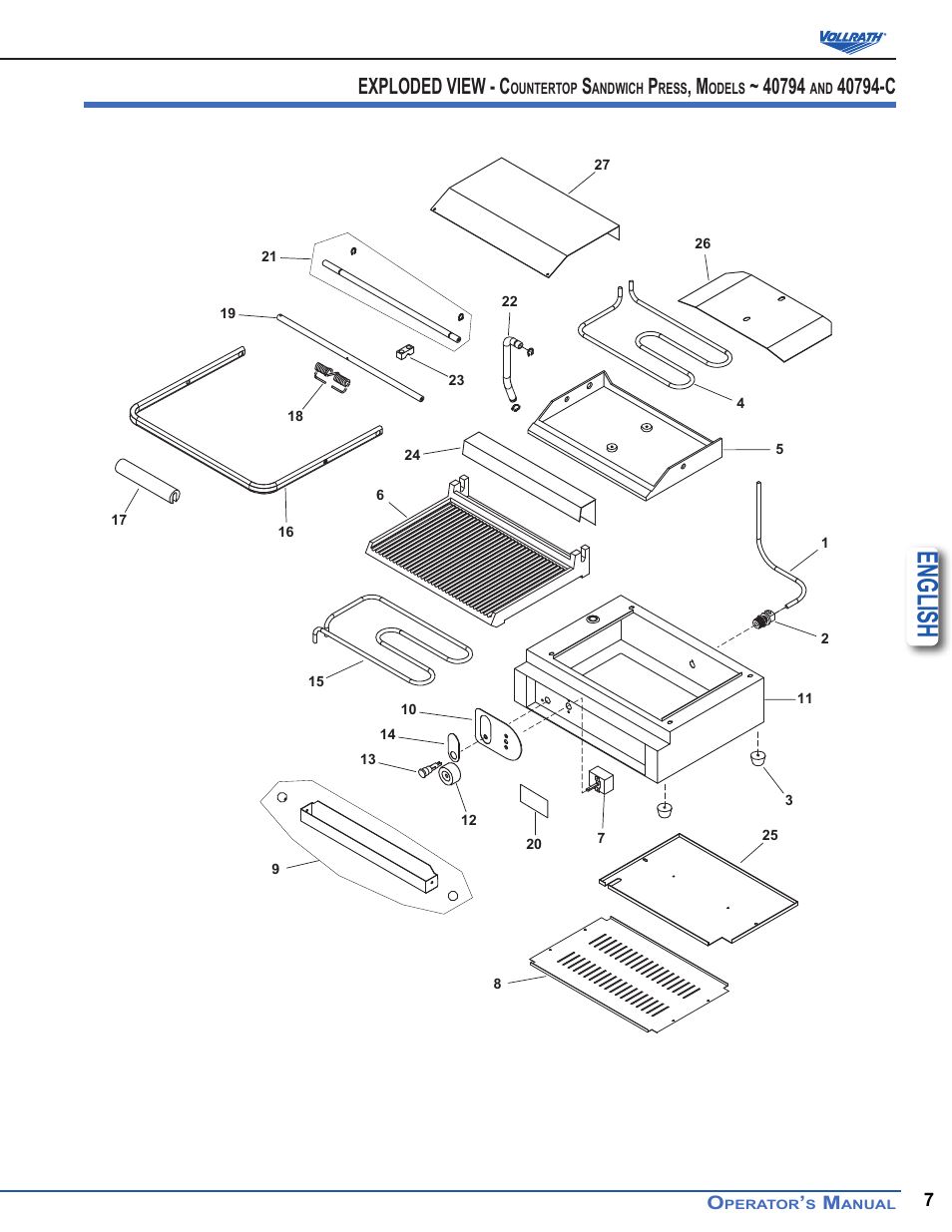 English, Exploded view - c | Vollrath Cayenne Cast Iron Plate Sandwich Presses, Panini Style User Manual | Page 7 / 10